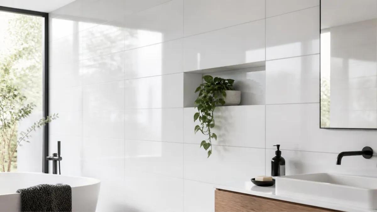 Baño con paredes de cerámica blanca brillante