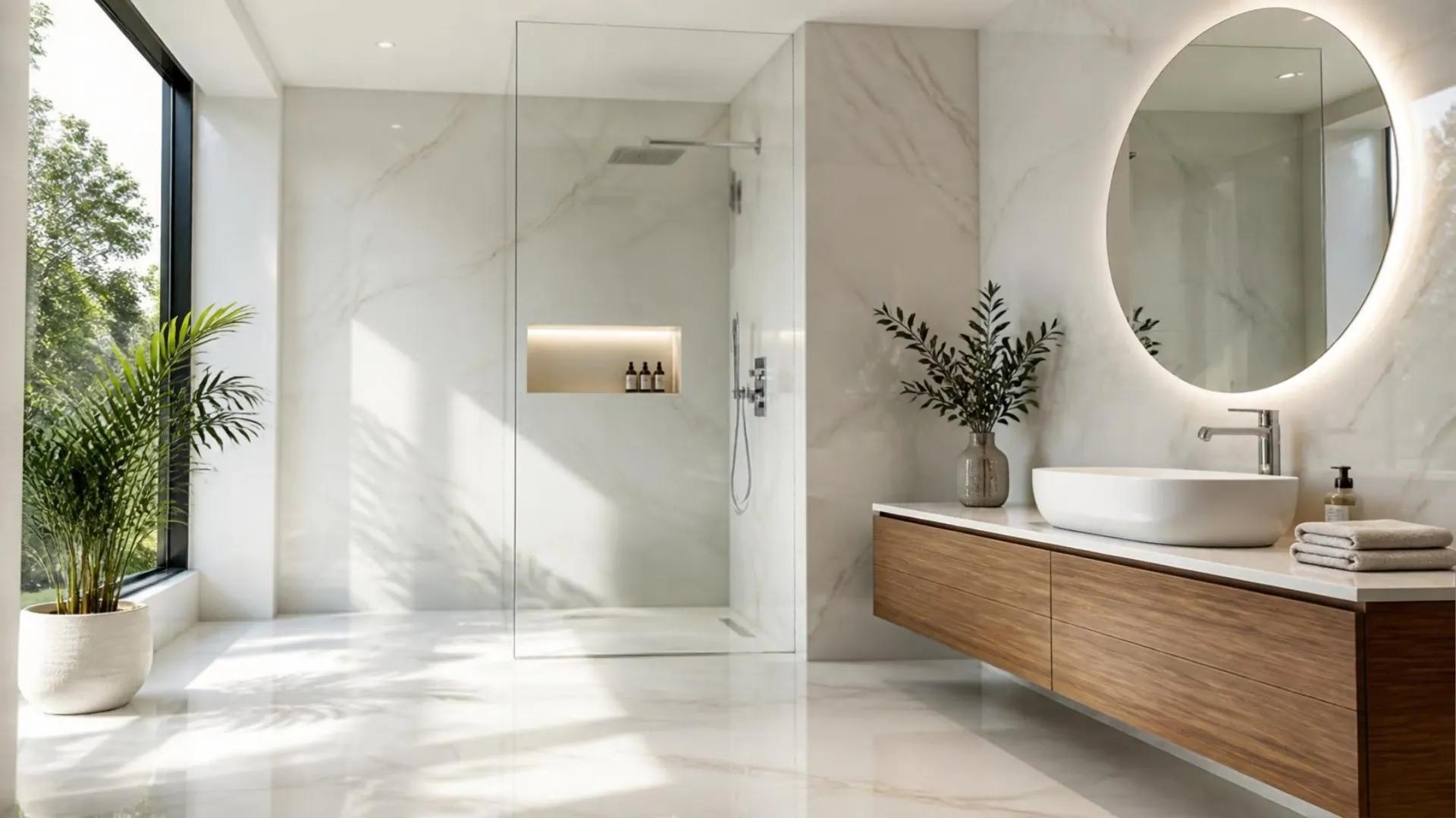 Baño luminoso con porcelanato blanco tipo mármol, lavamanos sobre mueble de madera y espejo LED redondo