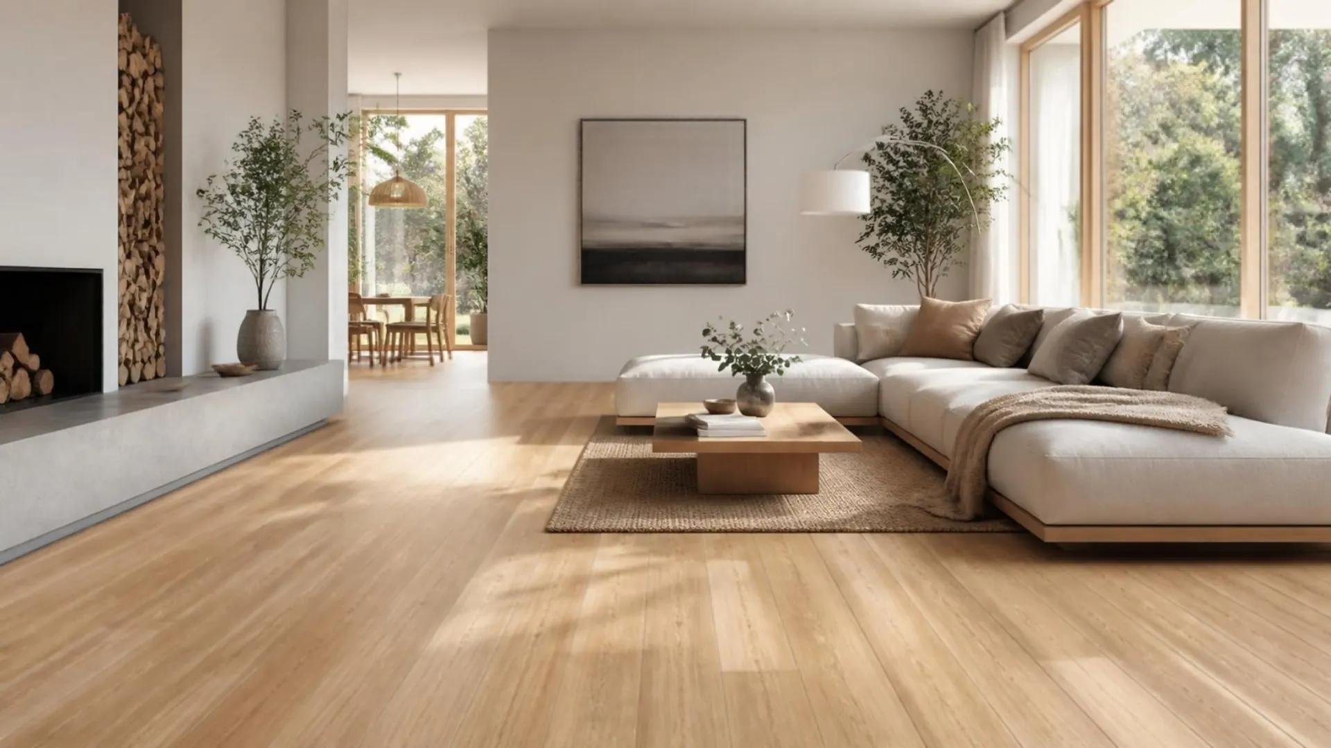 Sala amplia con piso de porcelanato tipo madera clara