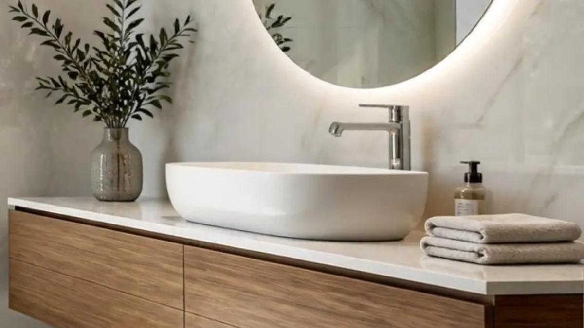 Lavamanos blanco sobre tope en mueble de madera