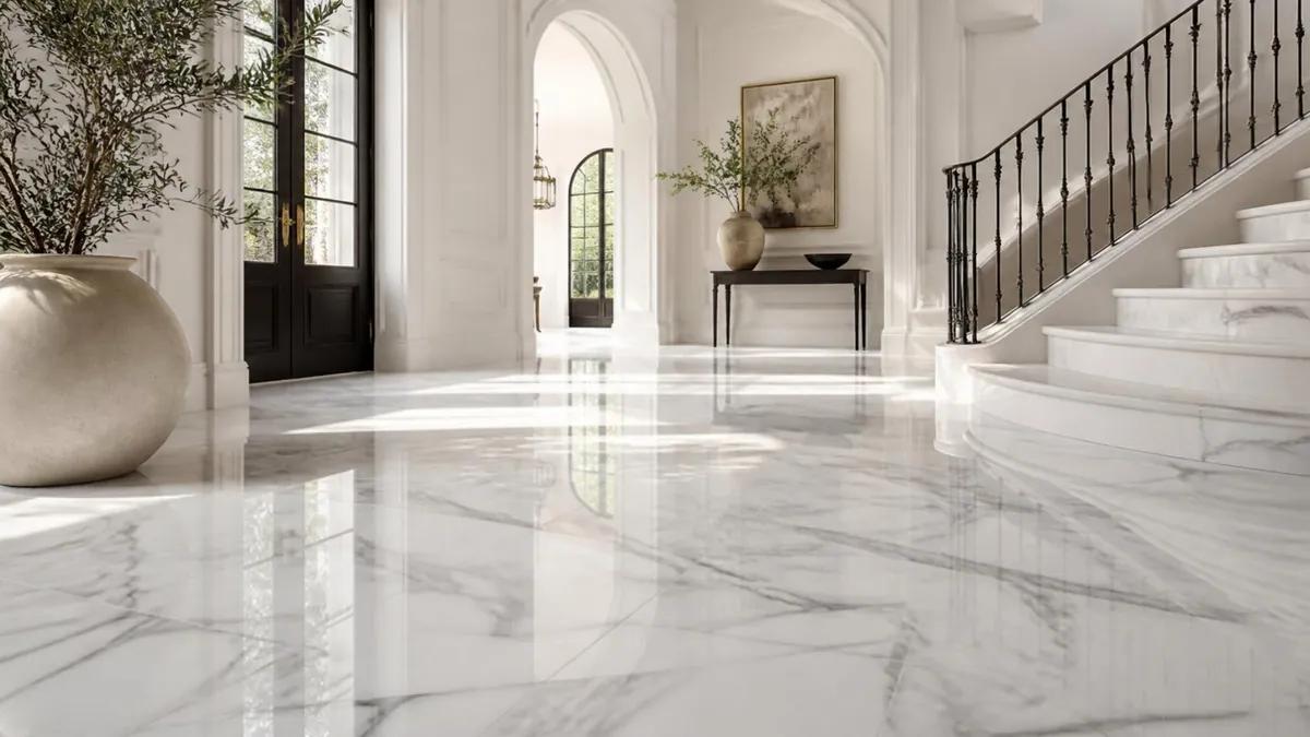 Recibidor con piso de mármol blanco veteado