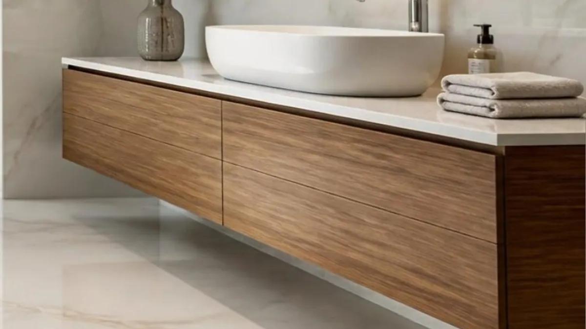 Mueble de baño flotante de madera con lavamanos sobre tope