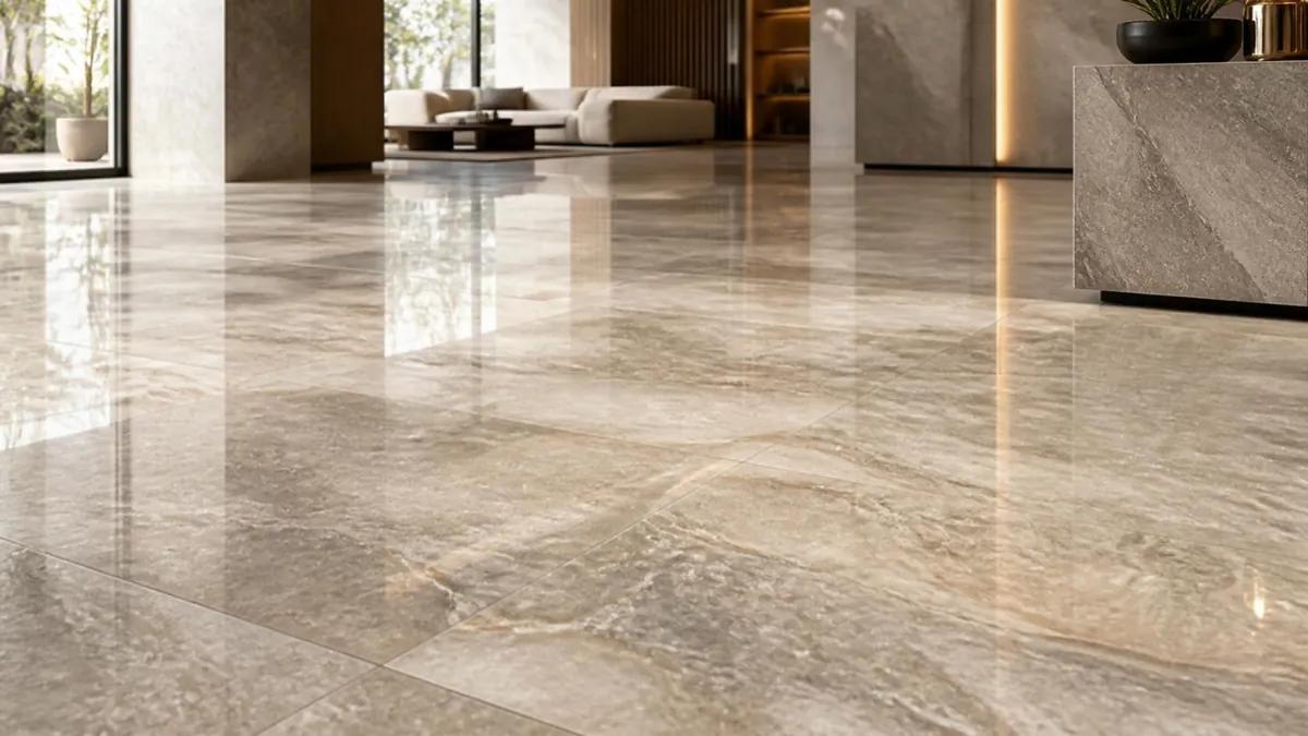 Piso de porcelanato beige brillante de gran formato